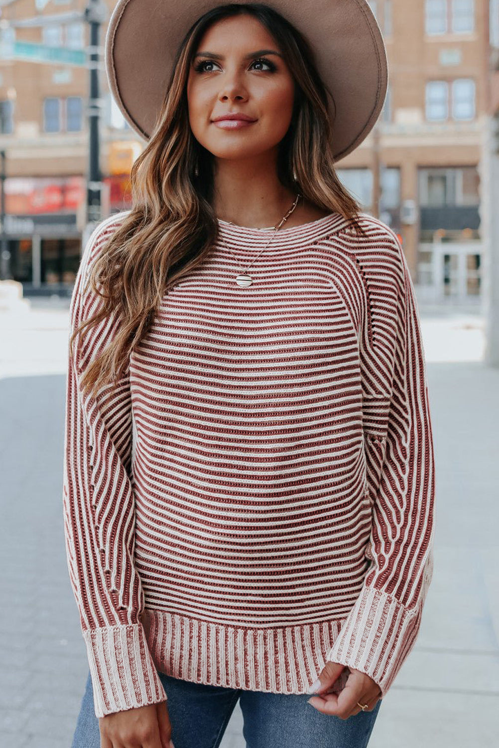 Red Dahlia Striped Print Ribbed Knit Boat Neck Baggy Sweater Sweaters JT's Designer Fashion