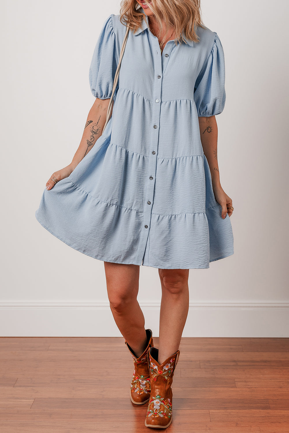Beau Blue Shirt Collar Button Up Short Puff Sleeve Tiered Shift Dress Mini Dresses JT's Designer Fashion