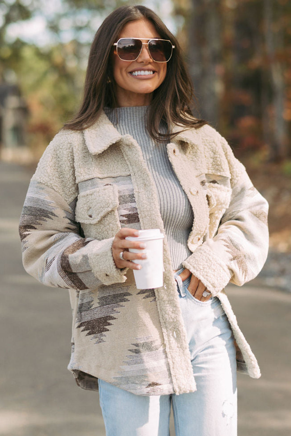 Khaki Western Aztec Print Sherpa Splicing Buttoned Flap Pocket Coat Jackets JT's Designer Fashion