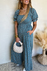 Blue Vintage Boho Floral Smocked Short Puff Sleeve Wide Leg Jumpsuit Jumpsuits & Rompers JT's Designer Fashion