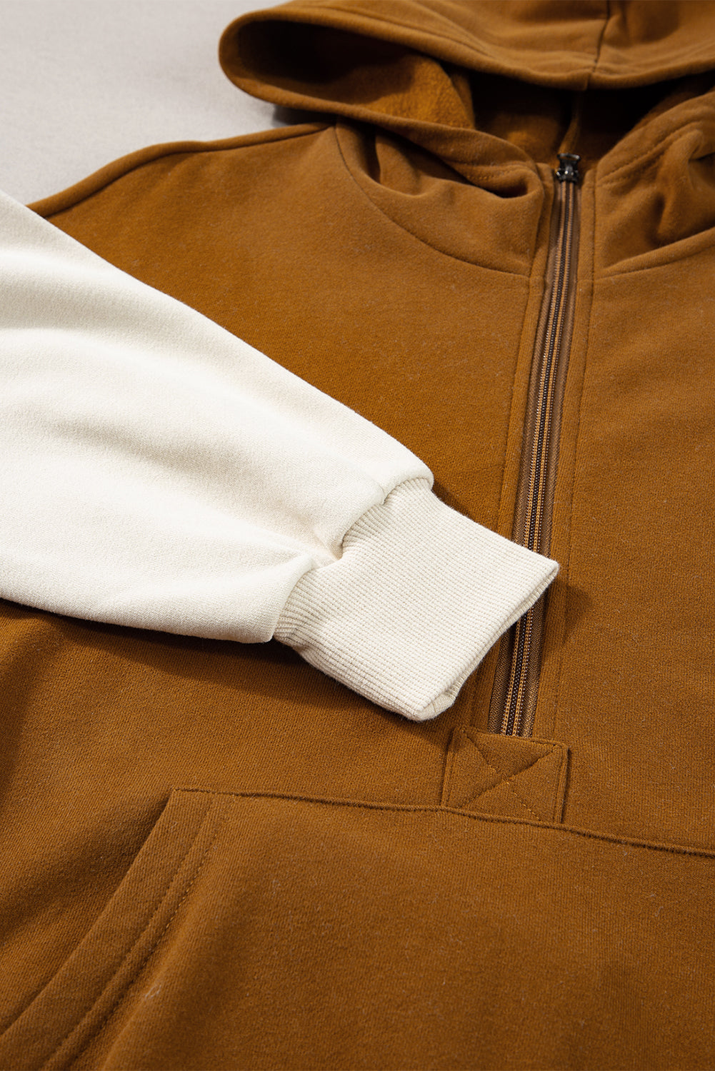 Chestnut Color Block Half Zip Kangaroo Pocketed Hoodie Sweatshirts & Hoodies JT's Designer Fashion