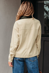 Parchment Contrast Leather Collar Textured Zip Up Jacket Jackets JT's Designer Fashion