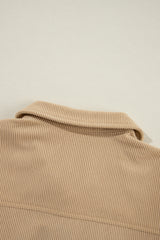Light French Beige Solid Frilled Flap Pocket Button Up Corduroy Shacket Jackets JT's Designer Fashion