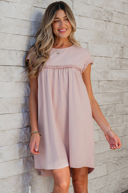 Oatmeal Frilled Trim Crew Neck Loose Fit Mini Dress Mini Dresses JT's Designer Fashion