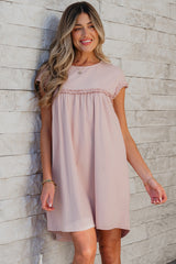 Oatmeal Frilled Trim Crew Neck Loose Fit Mini Dress Mini Dresses JT's Designer Fashion