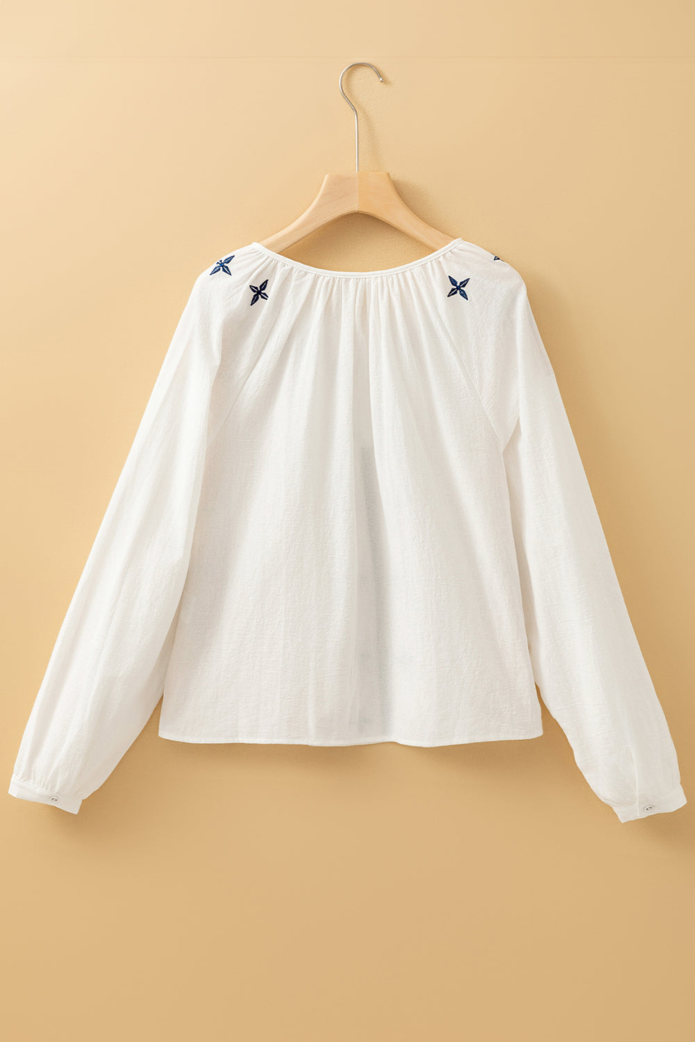 White Geometric Embroidered Long Sleeve Buttoned Blouse Blouses & Shirts JT's Designer Fashion