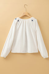 White Geometric Embroidered Long Sleeve Buttoned Blouse Blouses & Shirts JT's Designer Fashion