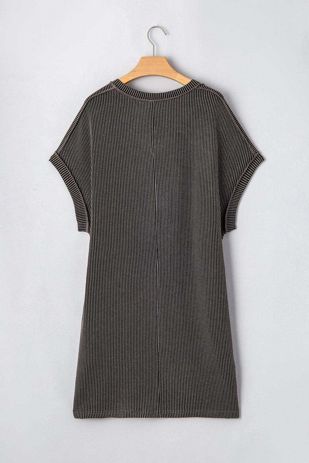 Carbon Grey Corded V Neck Plus Size T Shirt Dress with Pockets Plus Size Mini Dresses JT's Designer Fashion