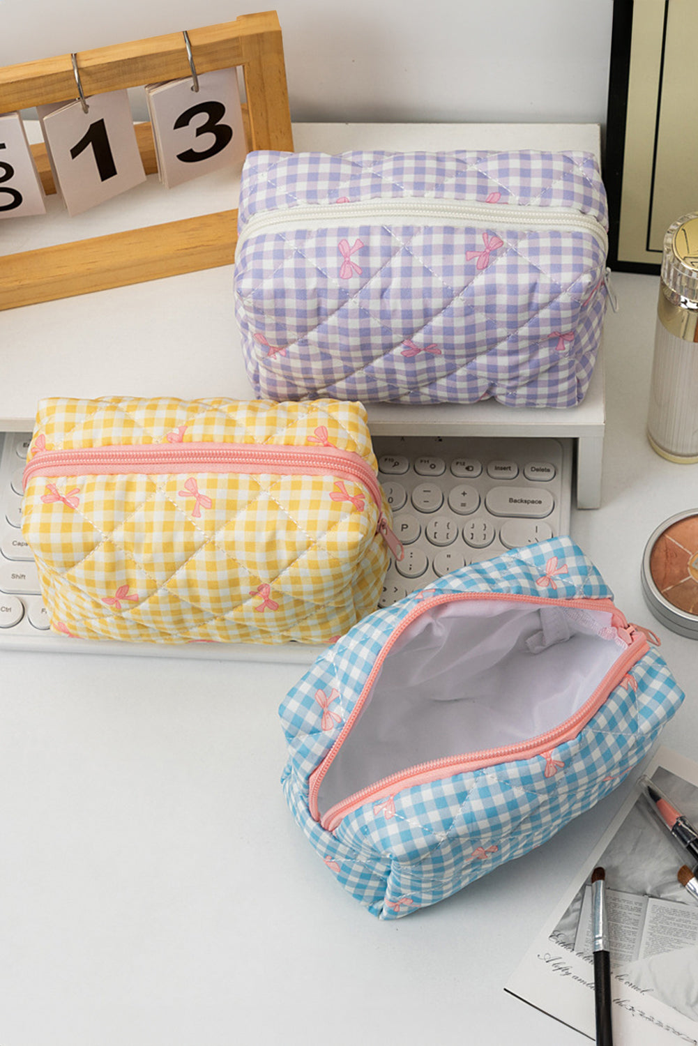 White Sweet Bow Knot Print Quilted Zipper Cosmetic Bag Makeup Bags JT's Designer Fashion