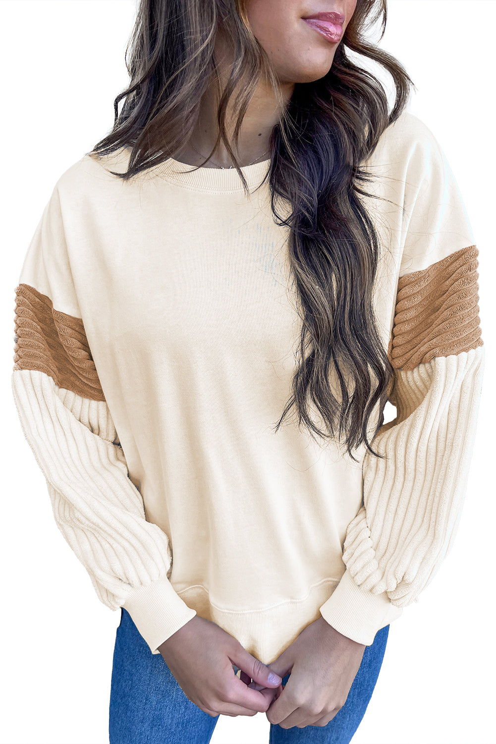 Apricot Corduroy Patchwork Drop Shoulder Long Sleeve Sweatshirt Sweatshirts & Hoodies JT's Designer Fashion