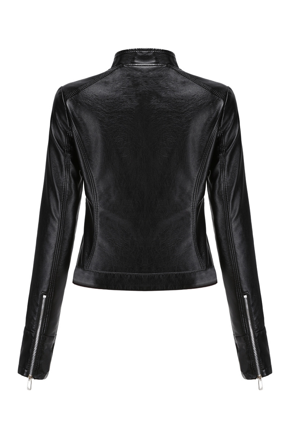 Black Faux Leather Snap Button Stand Neck Zipped Pocket Jacket Jackets JT's Designer Fashion
