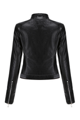 Black Faux Leather Snap Button Stand Neck Zipped Pocket Jacket Jackets JT's Designer Fashion