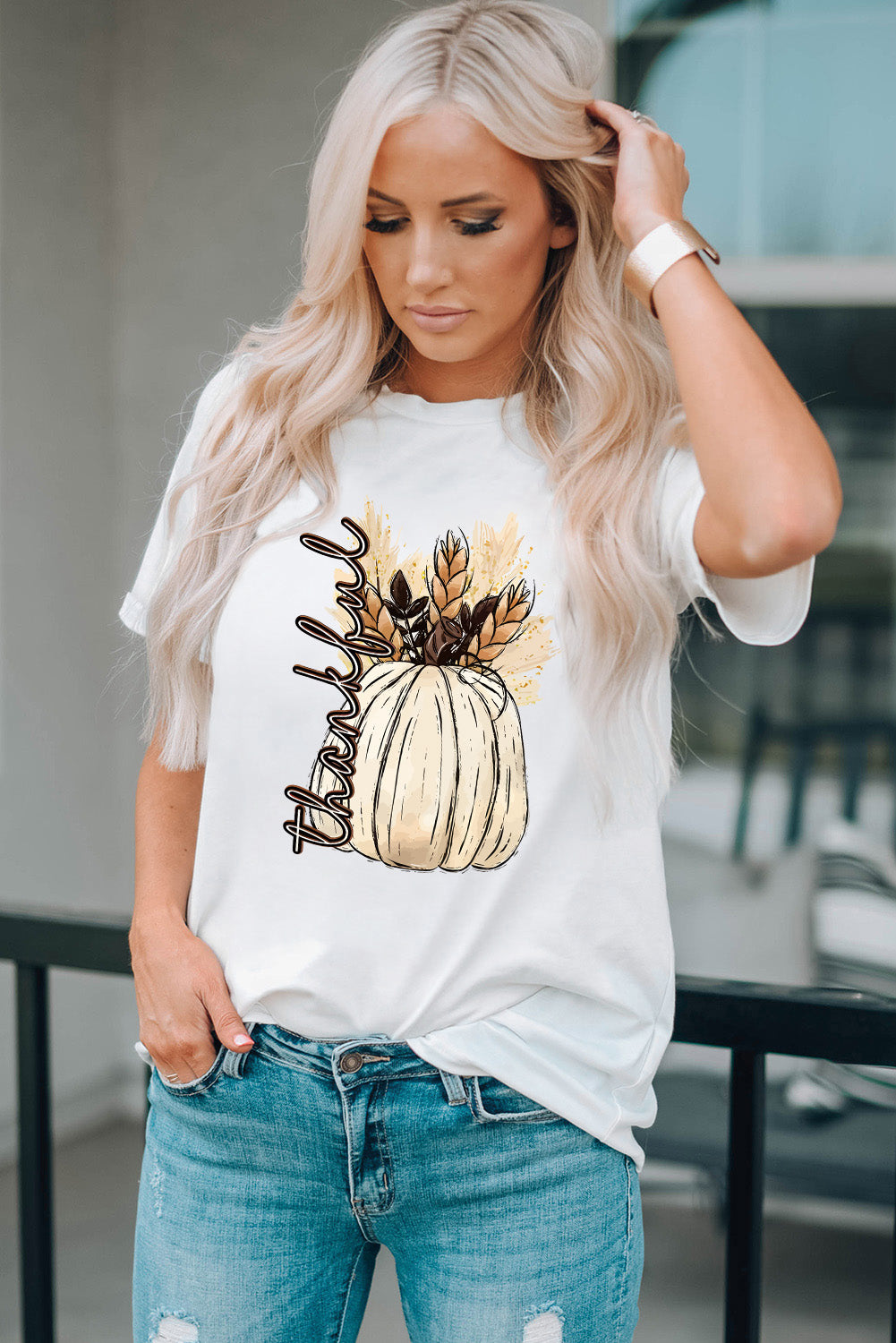 White Harvest Pumpkin Graphic Thanksgiving Tee Graphic Tees JT's Designer Fashion