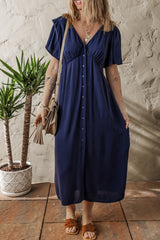 Navy Blue V Neck Buttoned Front Shirred Back Short Sleeve Midi Dress Dresses JT's Designer Fashion