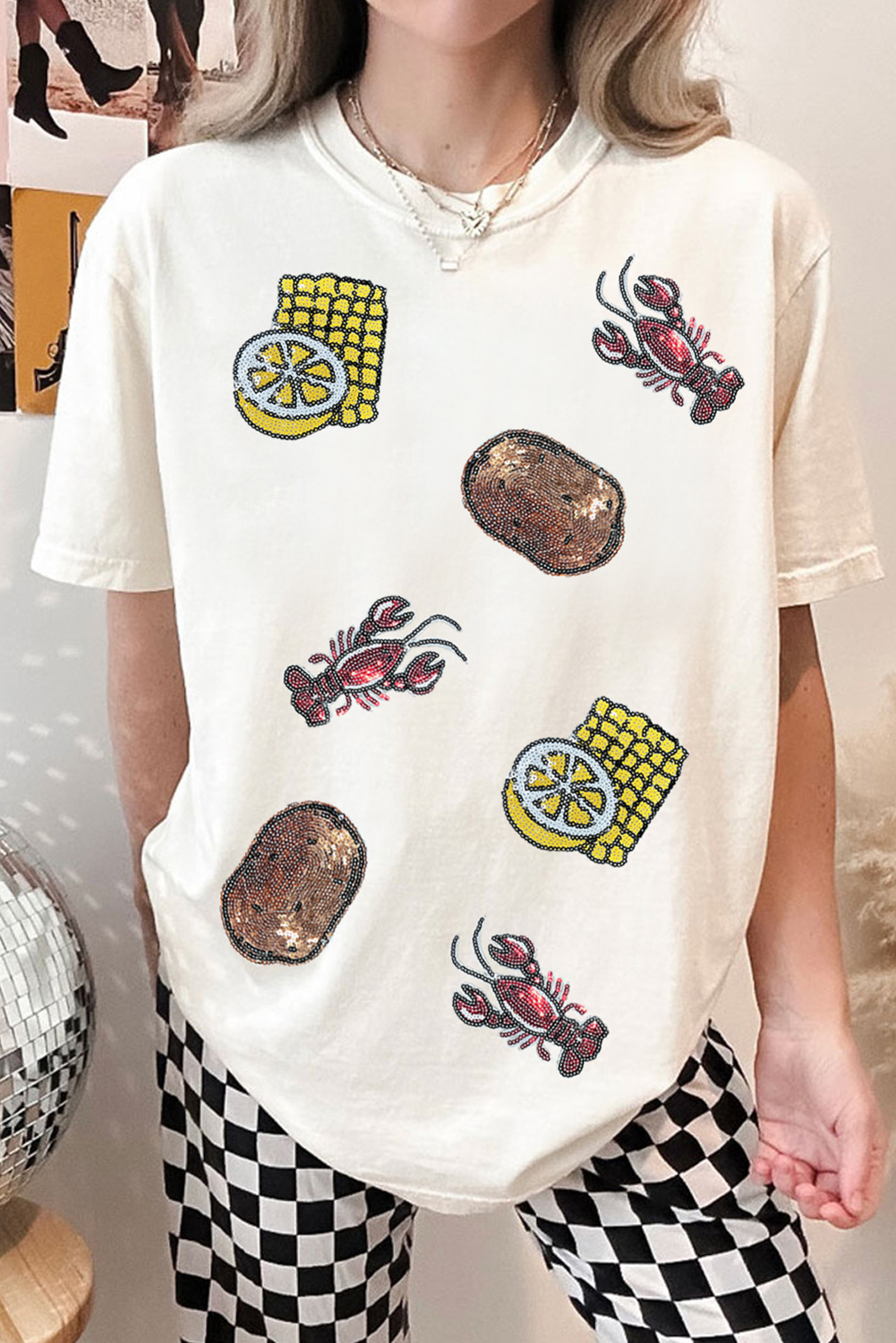 White Sequin Crawfish Potato Lemon Corn Graphic Crewneck T Shirt Graphic Tees JT's Designer Fashion