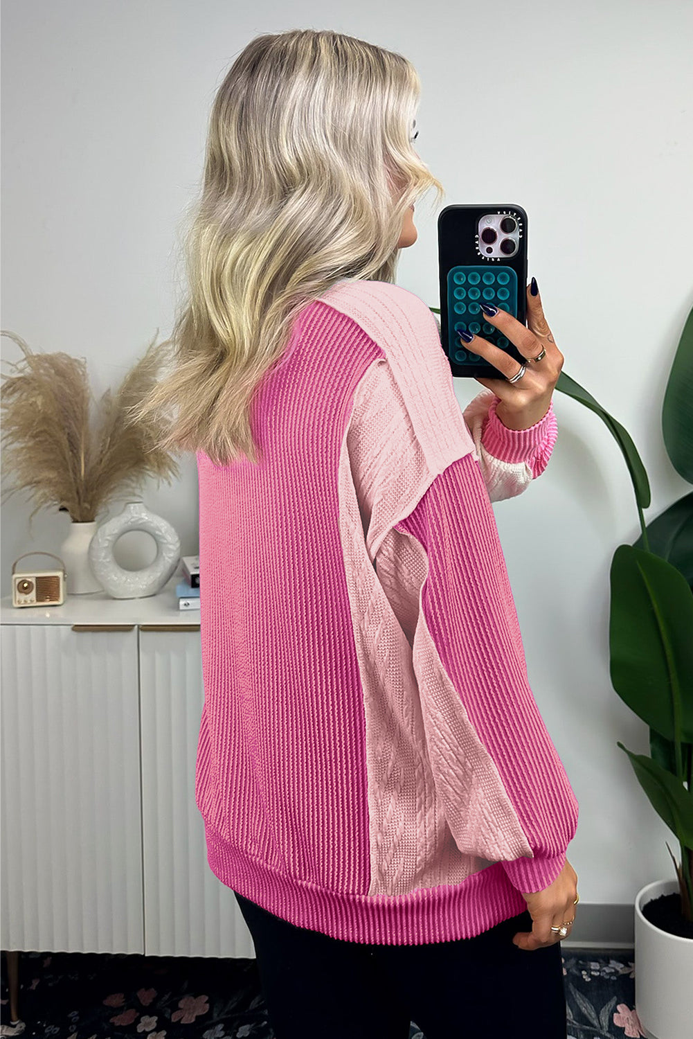 Bonbon Cable Knit Colorblock Exposed Seam Sweatshirt Sweatshirts & Hoodies JT's Designer Fashion