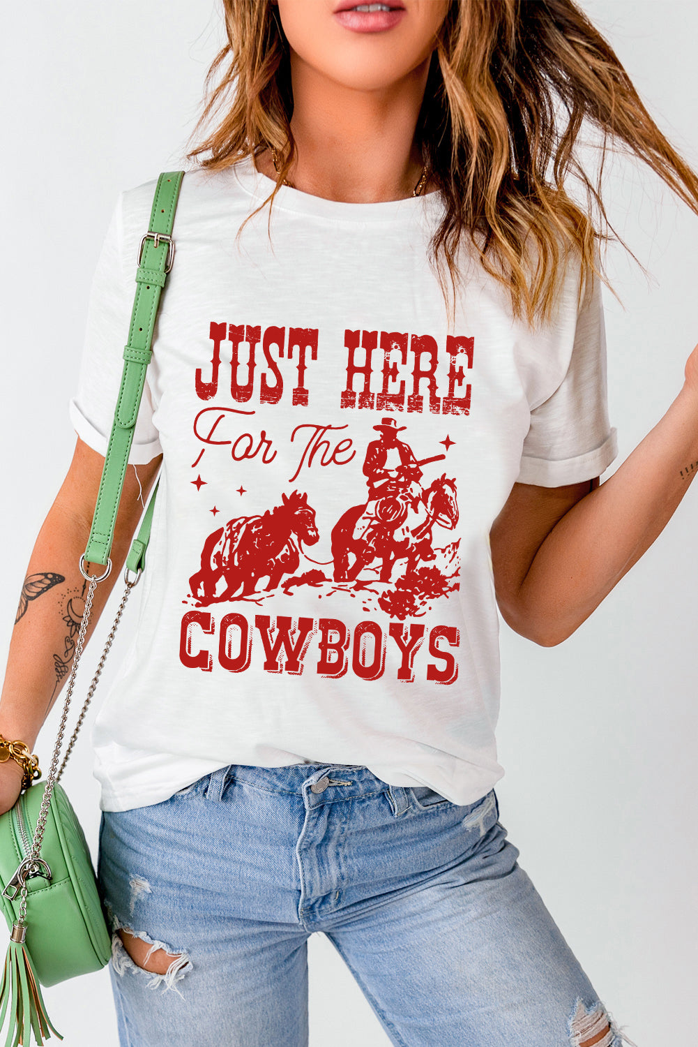 White JUST HERE For THE COWBOY Cuffed Sleeve Crew Neck T Shirt Graphic Tees JT's Designer Fashion