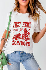 White JUST HERE For THE COWBOY Cuffed Sleeve Crew Neck T Shirt Graphic Tees JT's Designer Fashion