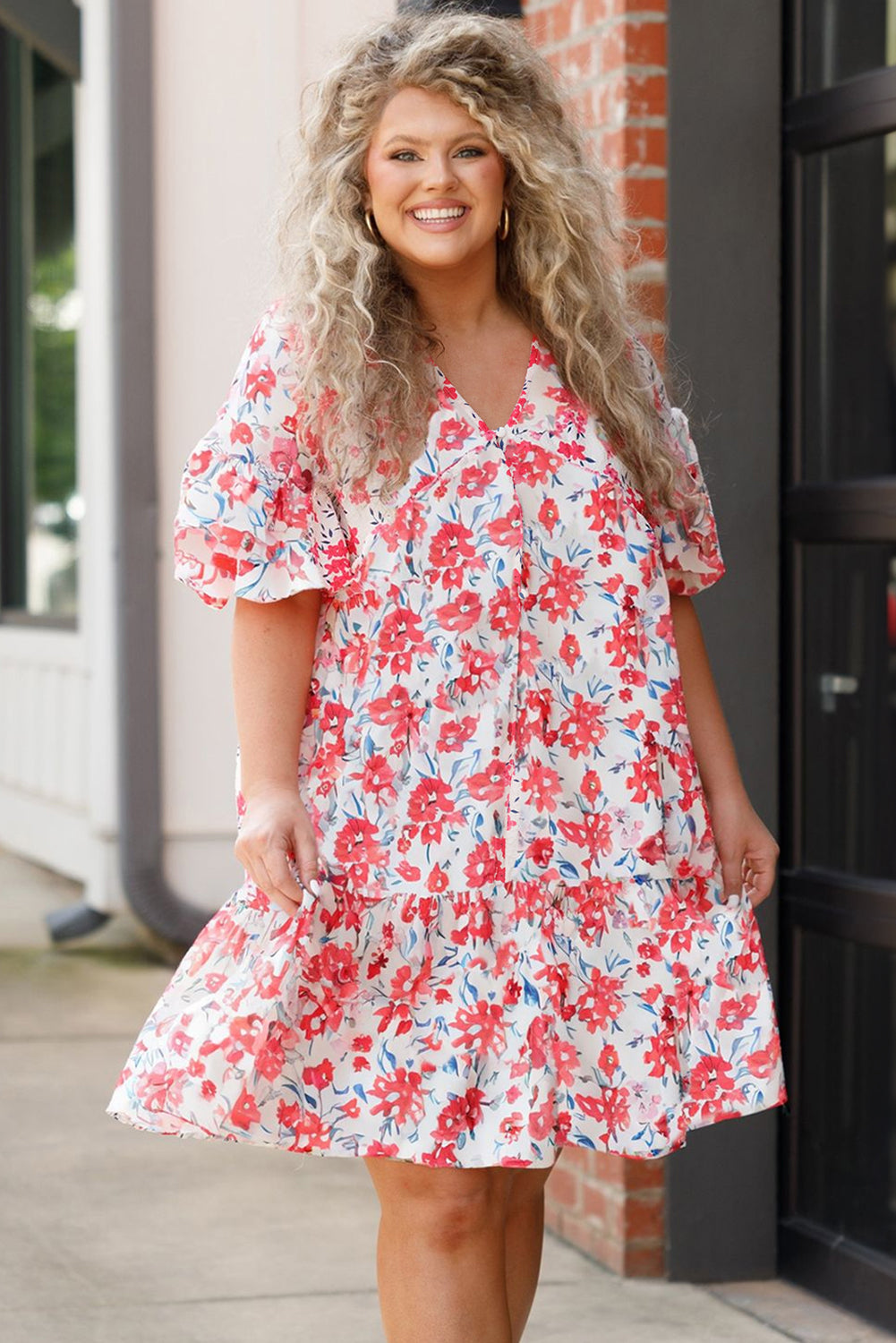 Red Floral Ruffled Half Sleeve V Neck Plus Size Dress Plus Size Mini Dresses JT's Designer Fashion