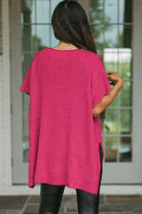 Rose Red Short Sleeve Side Slit Oversized Sweater Sweaters & Cardigans JT's Designer Fashion