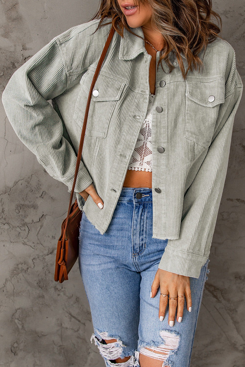 Sky Blue Raw Hem Flap Pockets Cropped Corduroy Jacket Sky Blue 100%Cotton Jackets JT's Designer Fashion