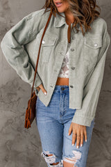 Sky Blue Raw Hem Flap Pockets Cropped Corduroy Jacket Sky Blue 100%Cotton Jackets JT's Designer Fashion