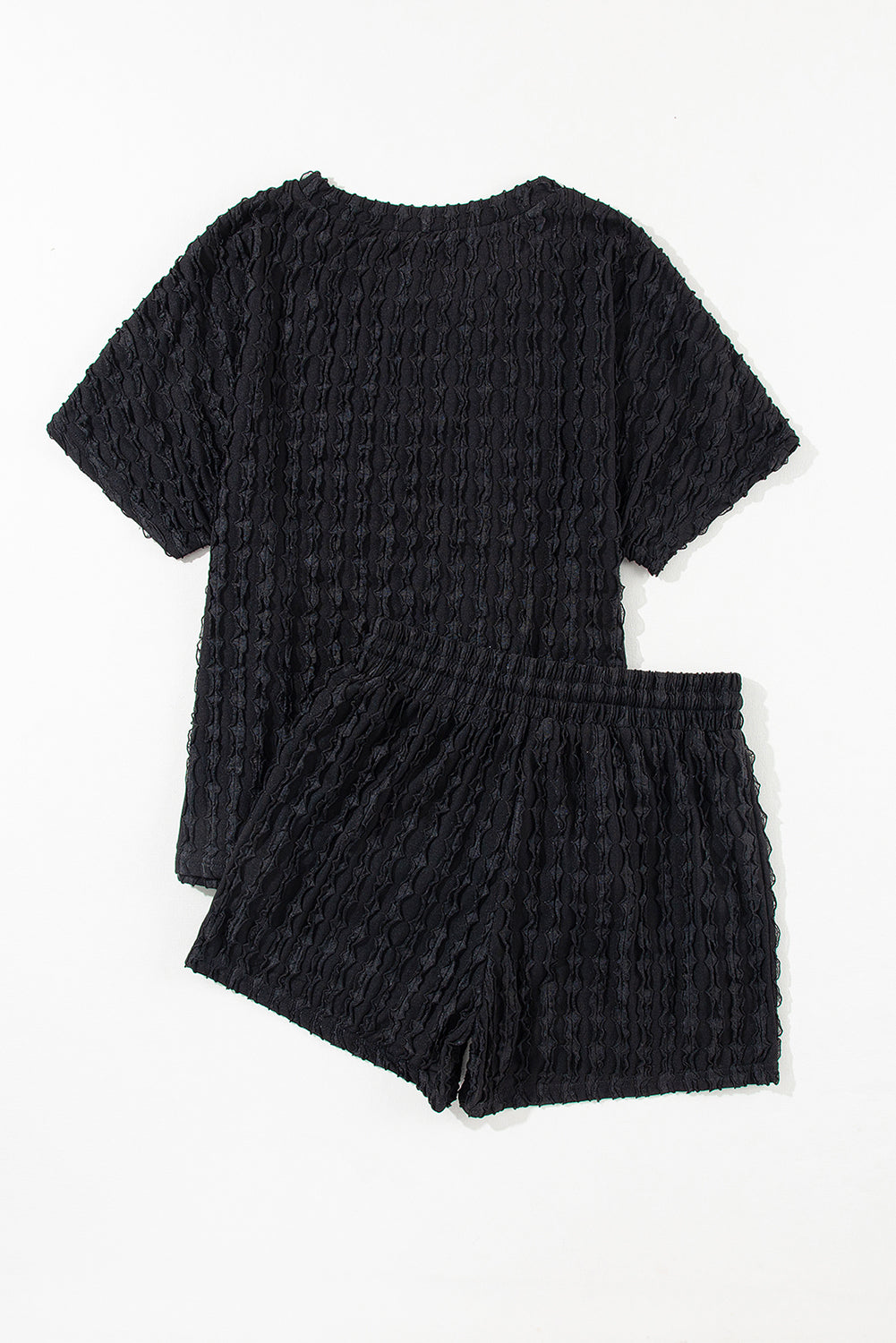 Black Frill Textured Short Sleeve Top and Drawstring Shorts Set Short Sets JT's Designer Fashion