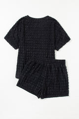 Black Frill Textured Short Sleeve Top and Drawstring Shorts Set Short Sets JT's Designer Fashion