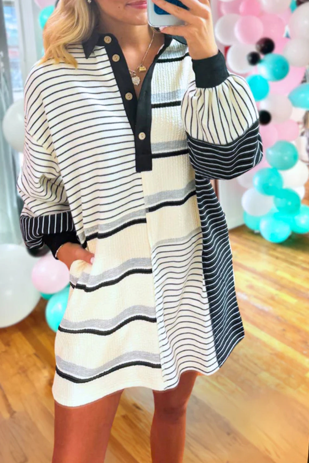 Black Stripe Colorblock Knit Henley Collar Shift Long Sleeve Mini Dress Mini Dresses JT's Designer Fashion