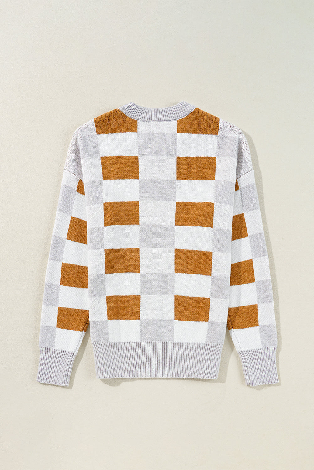 Khaki Checkered Ribbed Edge O Neck Drop Shoulder Sweater Sweaters JT's Designer Fashion