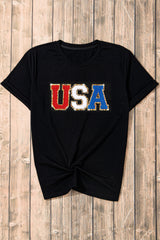 Black Glitter Trim Chenille USA Graphic T Shirt Graphic Tees JT's Designer Fashion