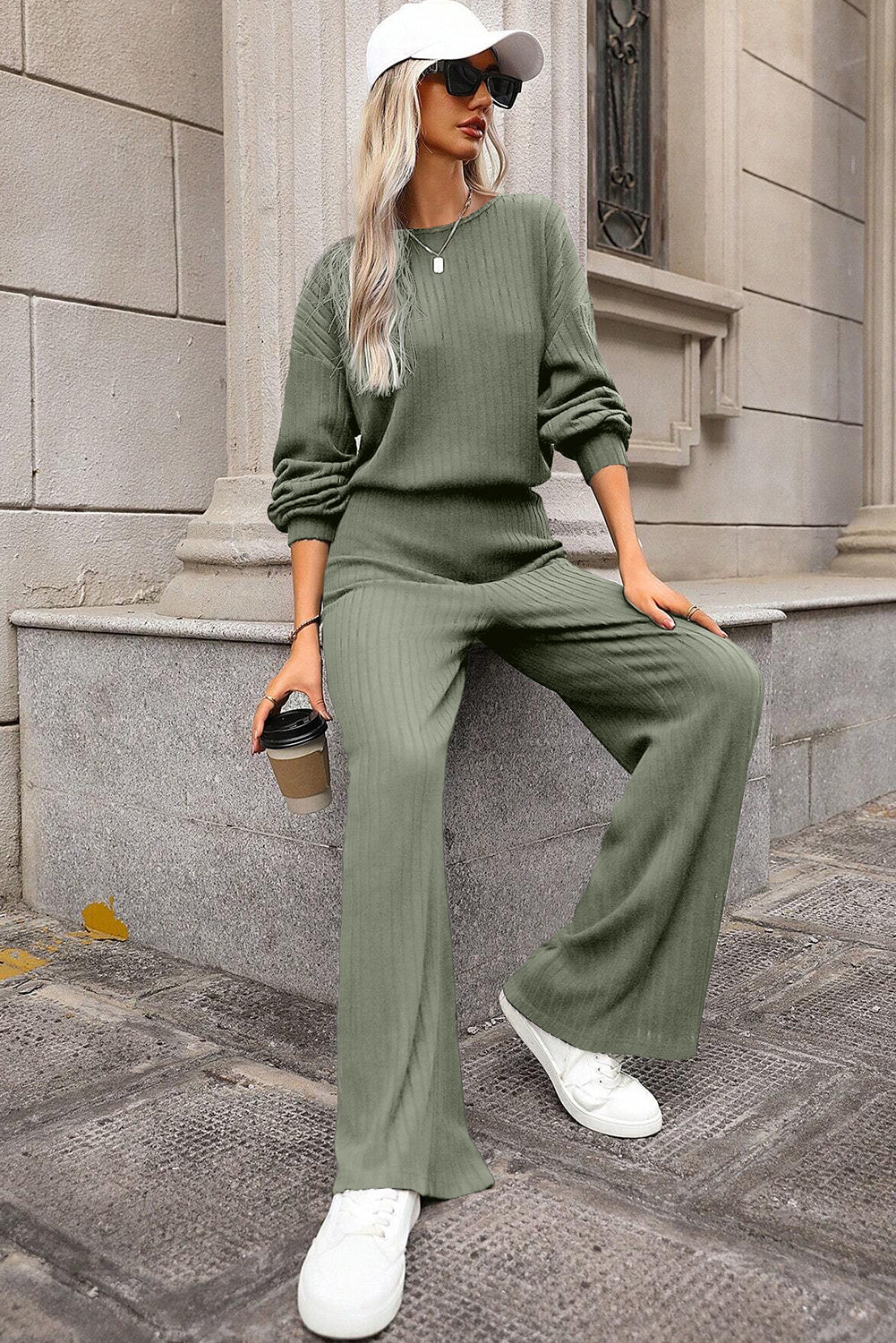 Laurel Green Solid Ribbed Knit Keyhole Back High Waist Jumpsuit Jumpsuits & Rompers JT's Designer Fashion