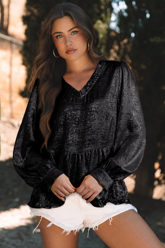 Black Metallic Frilled V Neck Puff Sleeve Babydoll Blouse Black 100%Polyester Blouses & Shirts JT's Designer Fashion
