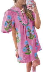 Rose Floral Short Sleeve Split Neck Loose Mini Dress Floral Dresses JT's Designer Fashion