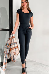 Black Short Sleeve Pocket Jogger Bottom Athleisure Jumpsuit Bottoms JT's Designer Fashion