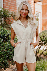 Jet Stream Textured Zipped Front V Neck Collared Casual Romper Jumpsuits & Rompers JT's Designer Fashion