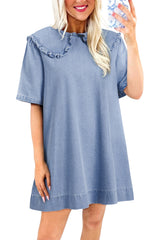 Beau Blue Frilled Peter Pan Collar Loose Denim Short Dress Dresses JT's Designer Fashion