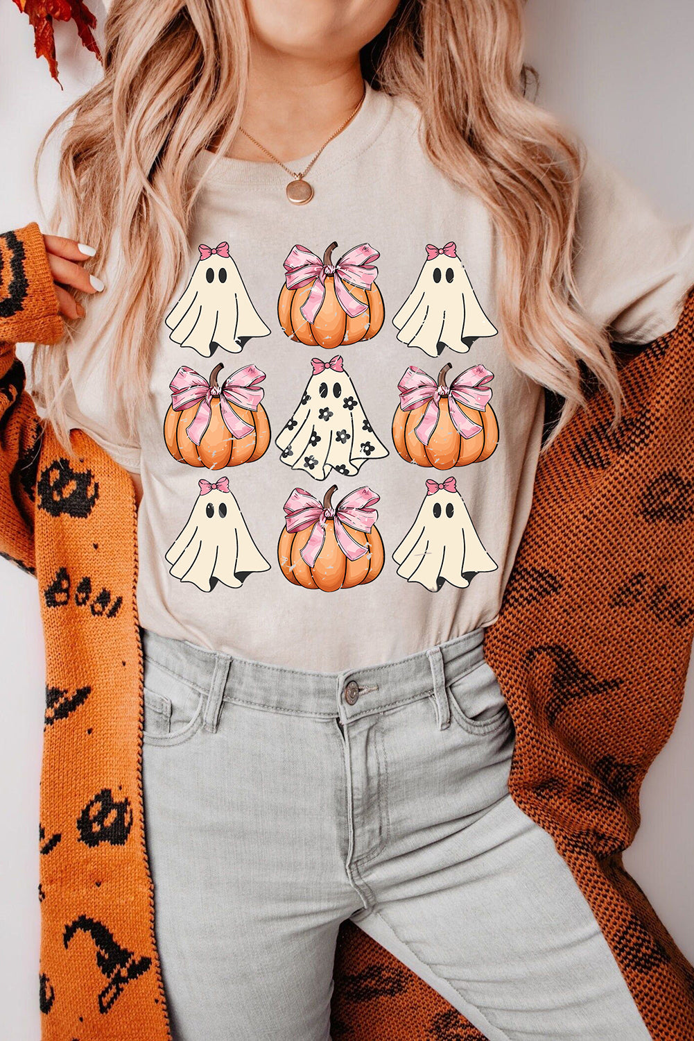 Khaki Bowknot Ghost Pumpkin Graphic Halloween T Shirt Graphic Tees JT's Designer Fashion