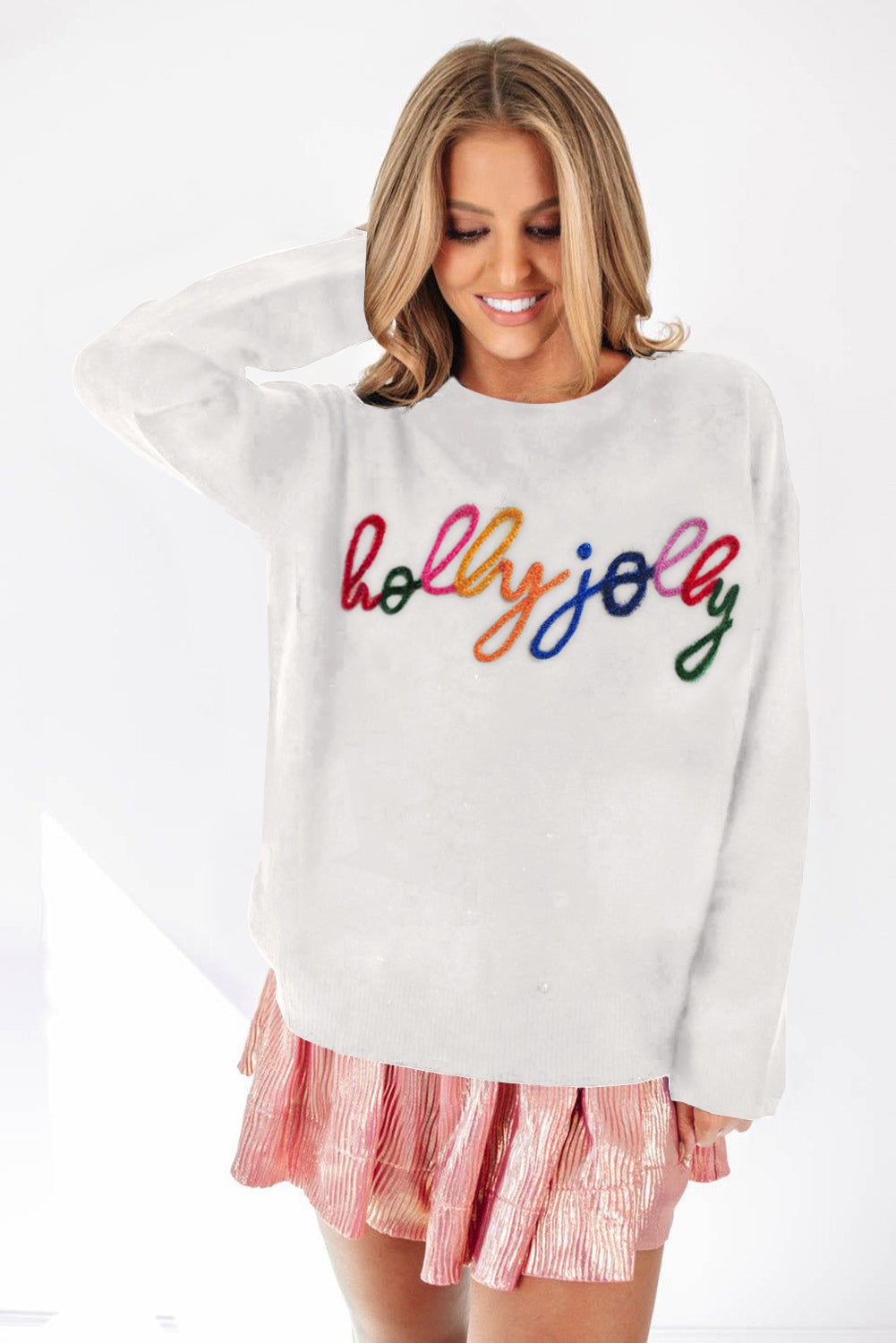 White Holly Jolly Round Neck Casual Sweater Sweaters JT's Designer Fashion
