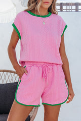 Pink Contrast Trim Cable Textured Shorts Set Short Sets JT's Designer Fashion