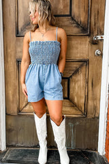 Beau Blue Spaghetti Strap Smocked Denim Romper Jumpsuits & Rompers JT's Designer Fashion