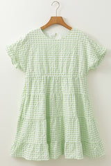 Green Stripe Textured Tiered Short Sleeve Loose Mini Dress Mini Dresses JT's Designer Fashion