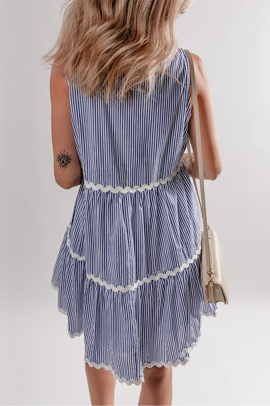 Blue Stripe Sleeveless Notched V Neck Contrast Ric Rac Mini Dress Mini Dresses JT's Designer Fashion
