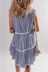 Blue Stripe Sleeveless Notched V Neck Contrast Ric Rac Mini Dress Mini Dresses JT's Designer Fashion