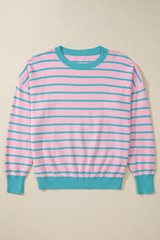 Pink Stripe Trimmed Round Neck Drop Shoulder Loose Sweater Sweaters JT's Designer Fashion