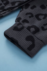 Gray Leopard Print Button Split Neck Waffle Sweatshirt Sweatshirts & Hoodies JT's Designer Fashion