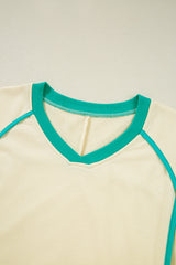 White Contrast Trim Colorblock Long Sleeve Pullover and Drawstring Shorts 2pcs Outfit Short Sets JT's Designer Fashion