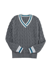 Medium Grey Color Contrast Ribbed Edge Cable Knit V Neck Sweater Sweaters JT's Designer Fashion
