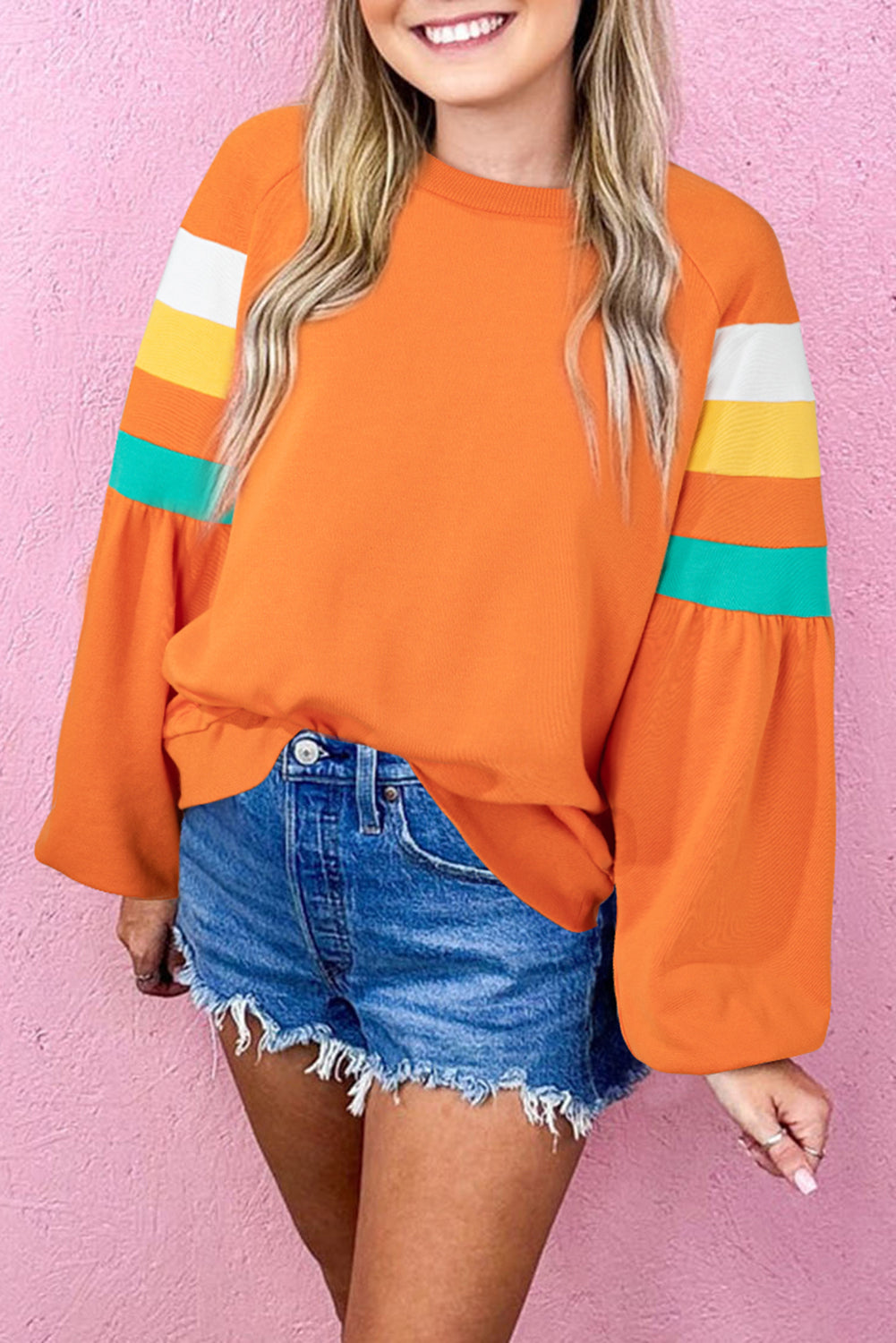 Flamingo Color Block Sleeve Exposed Seam Raglan Sweatshirt Sweatshirts & Hoodies JT's Designer Fashion
