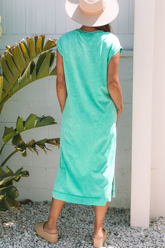 Clearly Aqua Mineral Wash Pocketed T-shirt Long Dress T Shirt Dresses JT's Designer Fashion